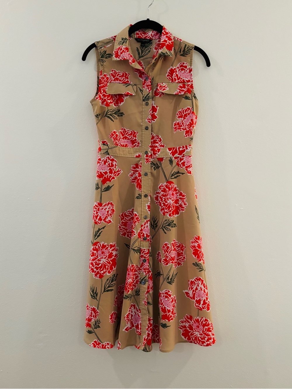 Banana Republic - Multicolor Tan Midi Shirt Dress with Red Floral Print